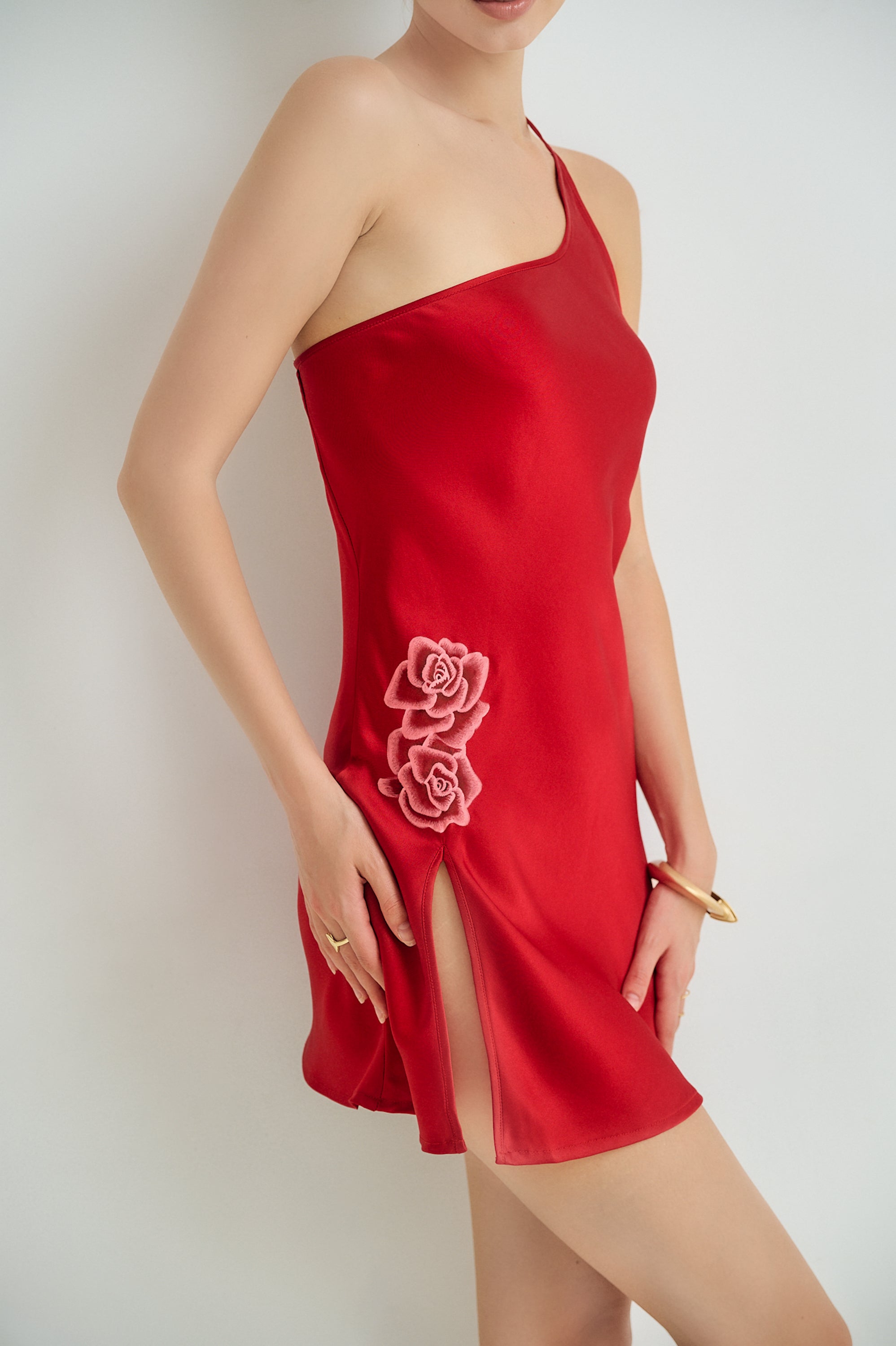One-Shoulder Silk Mini Dress with Slit
